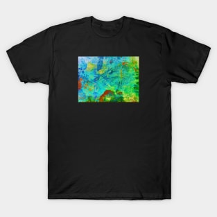 Abstract textured turquoise, orange, blue and green color contrast photographic metallic background. T-Shirt